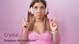  Presentation with depressed - Presentation design having young-blonde-woman-listening background and a coral colored foreground