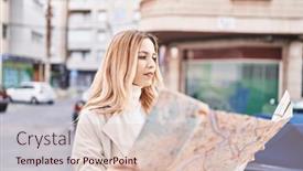  Presentation with city map - PPT theme featuring young-blonde-woman-looking-city background and a lemonade colored foreground