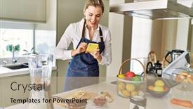  Presentation with photo - PPT theme with young-blonde-woman-make-photo background and a coral colored foreground