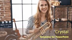  Presentation with trumpet - Slides enhanced with young-blonde-woman-musician-holding background and a violet colored foreground