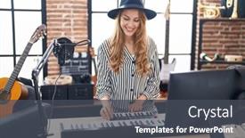  Presentation with piano keyboard - Presentation theme featuring young-blonde-woman-musician-playing background and a dark gray colored foreground