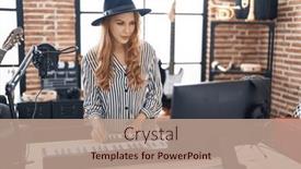  Presentation with piano keyboard - PPT layouts with young-blonde-woman-musician-playing background and a coral colored foreground