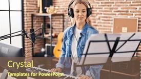  Presentation with piano keyboard - PPT theme consisting of young-blonde-woman-musician-playing background and a violet colored foreground