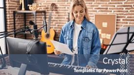 Presentation with piano keyboard - Theme enhanced with young-blonde-woman-musician-playing background and a ocean colored foreground