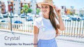  Presentation with young business woman smile show - Amazing presentation design having young-blonde-woman-on-vacation backdrop and a sky blue colored foreground