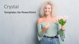  Presentation with hand holding flowers - Slides enhanced with young blonde woman over grunge grey background holding flowers very happy pointing with hand and finger background and a light gray colored foreground