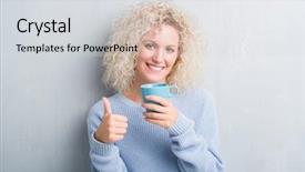  Presentation with coffee cup - Amazing PPT theme having young blonde woman over grunge backdrop and a light gray colored foreground