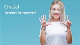  Presentation with over come challange - PPT theme featuring young blonde woman over isolated background showing and pointing up with fingers number seven while smiling confident and happy background and a teal colored foreground