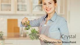  Presentation with decorate - PPT theme having young-blonde-woman-pastry-chef background and a soft green colored foreground