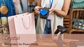  Presentation with credit card - Slide set enhanced with young-blonde-woman-paying background and a  colored foreground