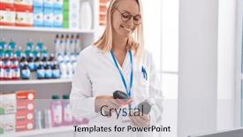  Presentation with medication - Presentation design featuring young-blonde-woman-pharmacist-scanning background and a light gray colored foreground