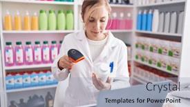  Presentation with scanning - Theme with young-blonde-woman-pharmacist-scanning background and a light blue colored foreground