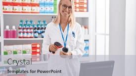  Presentation with medication - Theme featuring young-blonde-woman-pharmacist-scanning background and a light gray colored foreground