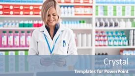  Presentation with counting - PPT layouts with young-blonde-woman-pharmacist-smiling background and a light blue colored foreground