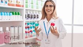  Presentation with medication - Presentation theme having young-blonde-woman-pharmacist-smiling background and a mint green colored foreground