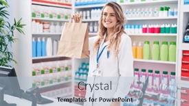  Presentation with pharmacy - Presentation design consisting of young-blonde-woman-pharmacist-smiling background and a light blue colored foreground