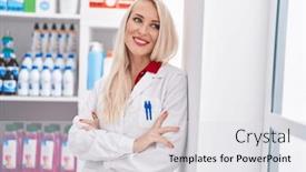  Presentation with contraception and pharmacy - Presentation theme featuring young-blonde-woman-pharmacist-smiling background and a light gray colored foreground