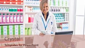  Presentation with pharmacy - Slide set having young-blonde-woman-pharmacist-using background and a coral colored foreground