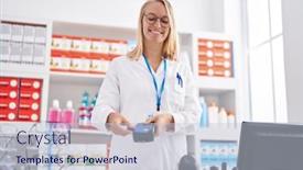  Presentation with credit card - Slide deck having young-blonde-woman-pharmacist-using background and a lemonade colored foreground