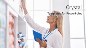  Presentation with product - PPT theme consisting of young-blonde-woman-pharmacist-using background and a white colored foreground