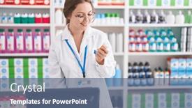  Presentation with pharmacy - PPT theme enhanced with young-blonde-woman-pharmacist-using background and a ocean colored foreground