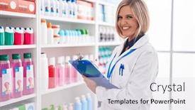  Presentation with pharmacy - Theme enhanced with young-blonde-woman-pharmacist-writing background and a light gray colored foreground