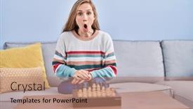  Presentation with chess - Slide set having young-blonde-woman-playing-chess background and a  colored foreground