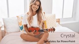  Presentation with ukulele - PPT theme having young-blonde-woman-playing-ukulele background and a coral colored foreground