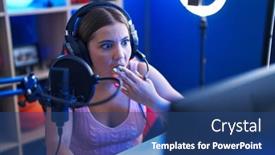  Presentation with video games playing - Presentation design having young-blonde-woman-playing-video background and a ocean colored foreground