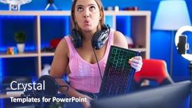  Presentation with video games playing - PPT layouts with young-blonde-woman-playing-video background and a  colored foreground