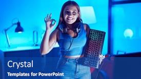  Presentation with video games playing - Presentation consisting of young-blonde-woman-playing-video background and a  colored foreground