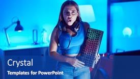  Presentation with video games playing - Presentation theme enhanced with young-blonde-woman-playing-video background and a  colored foreground