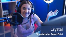  Presentation with audience - PPT theme having young-blonde-woman-playing-video background and a  colored foreground