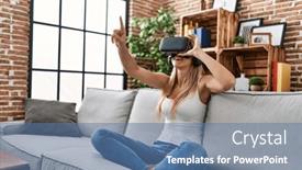  Presentation with video game - Presentation design consisting of young-blonde-woman-playing-video background and a ocean colored foreground