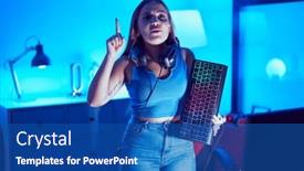  Presentation with video games playing - Slides enhanced with young-blonde-woman-playing-video background and a ocean colored foreground