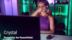  Presentation with video games playing - Slides enhanced with young-blonde-woman-playing-video and a  colored foreground