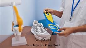  Presentation with blonde holding magnifying glass - Presentation with young-blonde-woman-podiatrist-holding background and a violet colored foreground