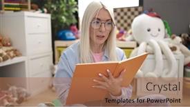  Presentation with story book - Slide deck consisting of young-blonde-woman-preschool-teacher background and a coral colored foreground