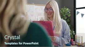  Presentation with interview - Presentation theme consisting of young-blonde-woman-preschool-teacher background and a tawny brown colored foreground