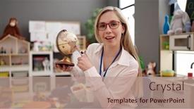  Presentation with geography - PPT theme enhanced with young-blonde-woman-preschool-teacher background and a coral colored foreground