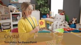  Presentation with teaching - PPT layouts consisting of young-blonde-woman-preschool-teacher background and a gold colored foreground