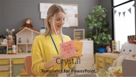 Presentation with teaching - Theme having young-blonde-woman-preschool-teacher background and a gold colored foreground