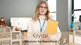  Presentation with preschool - Presentation theme having young-blonde-woman-preschool-teacher background and a lemonade colored foreground
