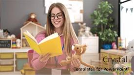  Presentation with story book - Slide set enhanced with young-blonde-woman-preschool-teacher background and a coral colored foreground