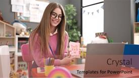  Presentation with teaching - PPT layouts with young-blonde-woman-preschool-teacher background and a coral colored foreground