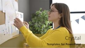  Presentation with corkboard - Presentation design enhanced with young-blonde-woman-preschool-teacher background and a gold colored foreground