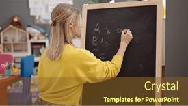  Presentation with preschool - PPT theme with young-blonde-woman-preschool-teacher background and a tawny brown colored foreground