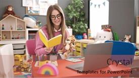  Presentation with story book - Presentation with young-blonde-woman-preschool-teacher background and a coral colored foreground