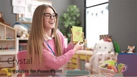  Presentation with teaching - Slide set featuring young-blonde-woman-preschool-teacher background and a coral colored foreground