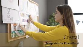  Presentation with corkboard - Slide set with young-blonde-woman-preschool-teacher background and a gold colored foreground
